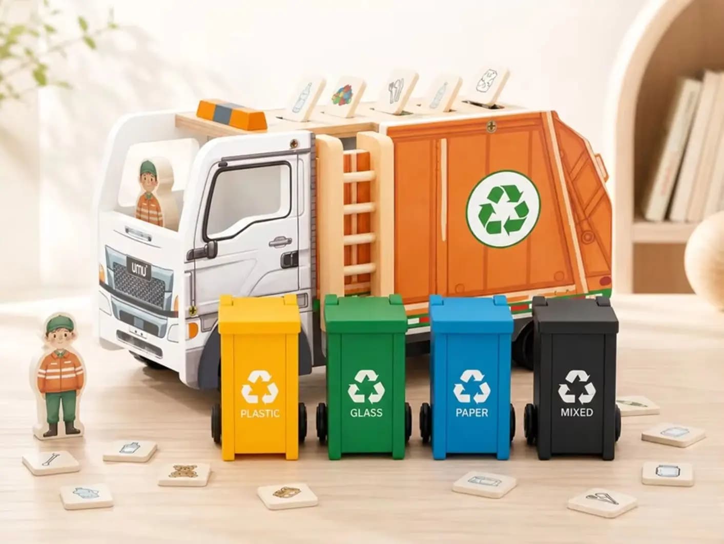 Wooden Garbage Truck Toy Recycling Sorting Game Educational Toy Waste Classification Learning Playset For Kids Pretend Play