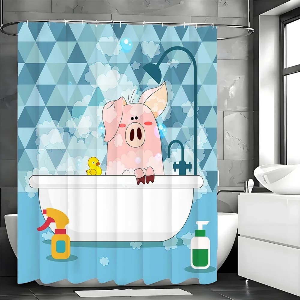 Soaking Piggy Blue Shower Curtain, Bathroom Decorative Shower Curtain, Waterproof Shower Curtain with Hooks