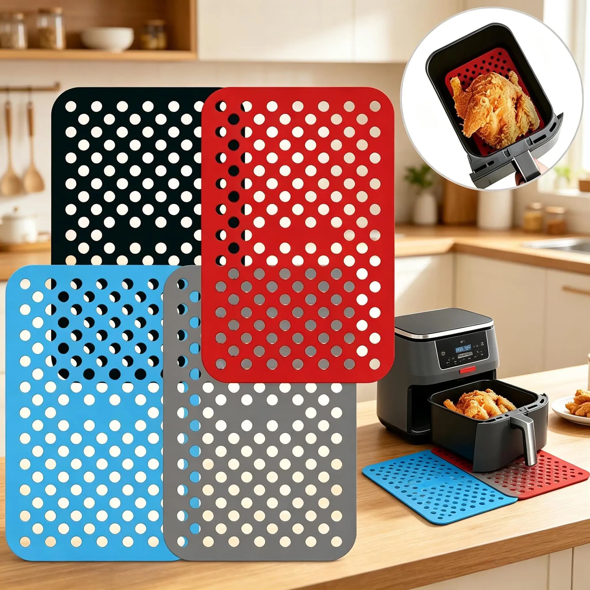 [Reusable Air Fryer Liners] Air Fryer Liners Accessories For Rectangle Air Fryer Mat Silicone Liners Kitchen Bakeware Tools