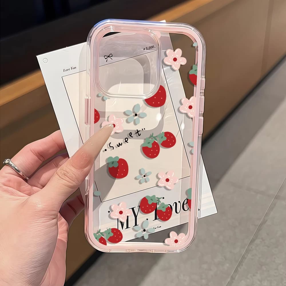 Summer Strawberry Soft Airbag Clear Phone Case For iPhone 17 Pro Max 16 15 13 12 11 14 Pro Max Air 7 8 Plus XR Transparent Cover
