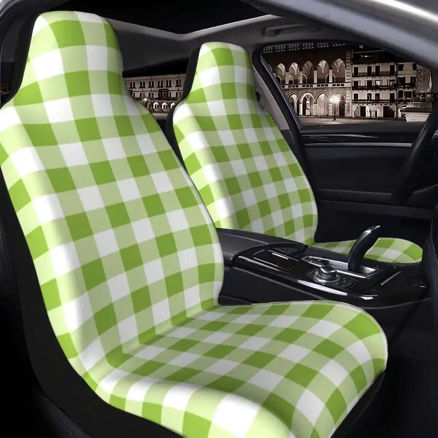 2pcs Green White Plaid Car Seat Covers Universal Fit Auto Interior Protector Easy Install