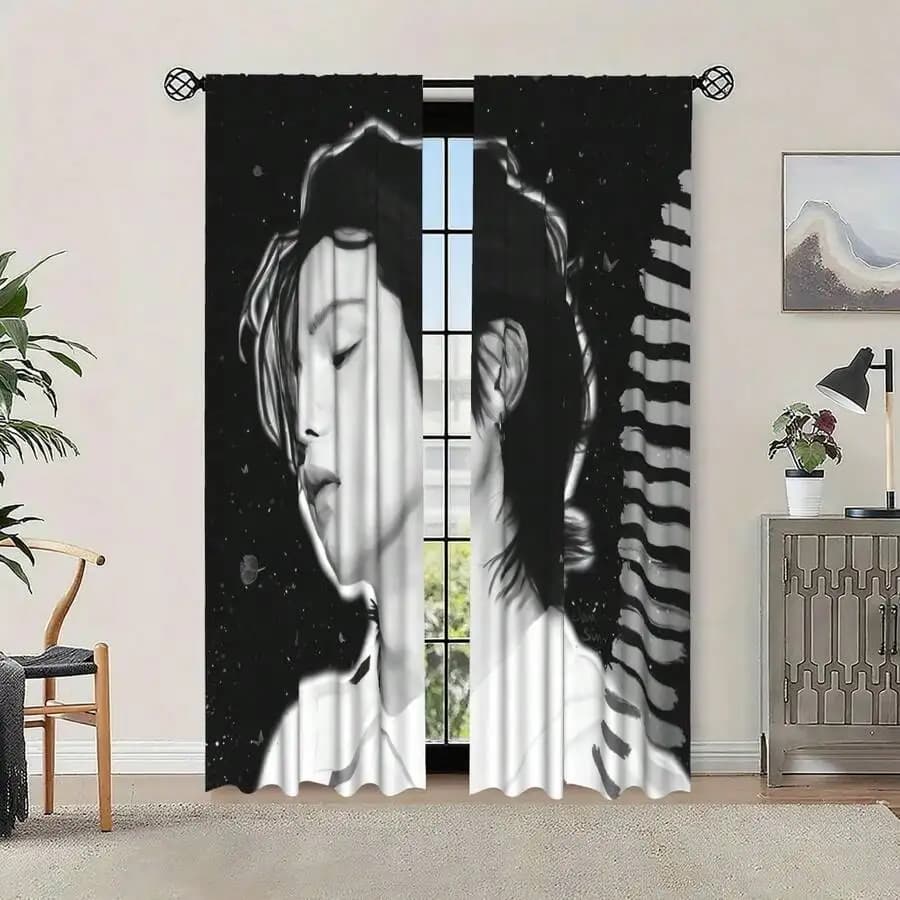 Black White Portrait Curtains, Artistic Face Pattern Drapes, Modern Bedroom Living Room Window Treatment, Light Blocking Fabric
