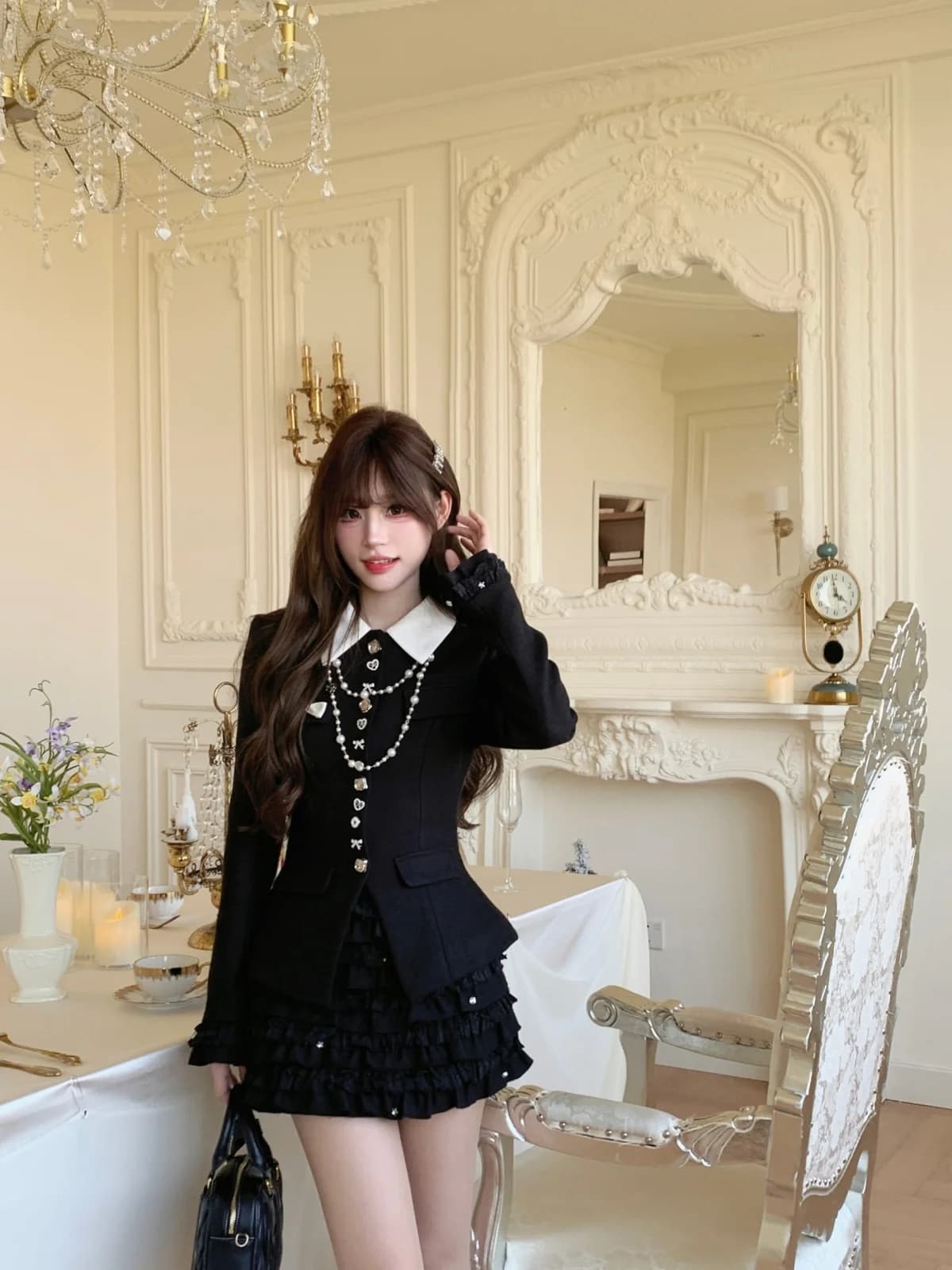 Musefi Set gonna e giacca in cotone coreano con perle, vita alta, maniche lunghe, girocollo, per uso quotidiano