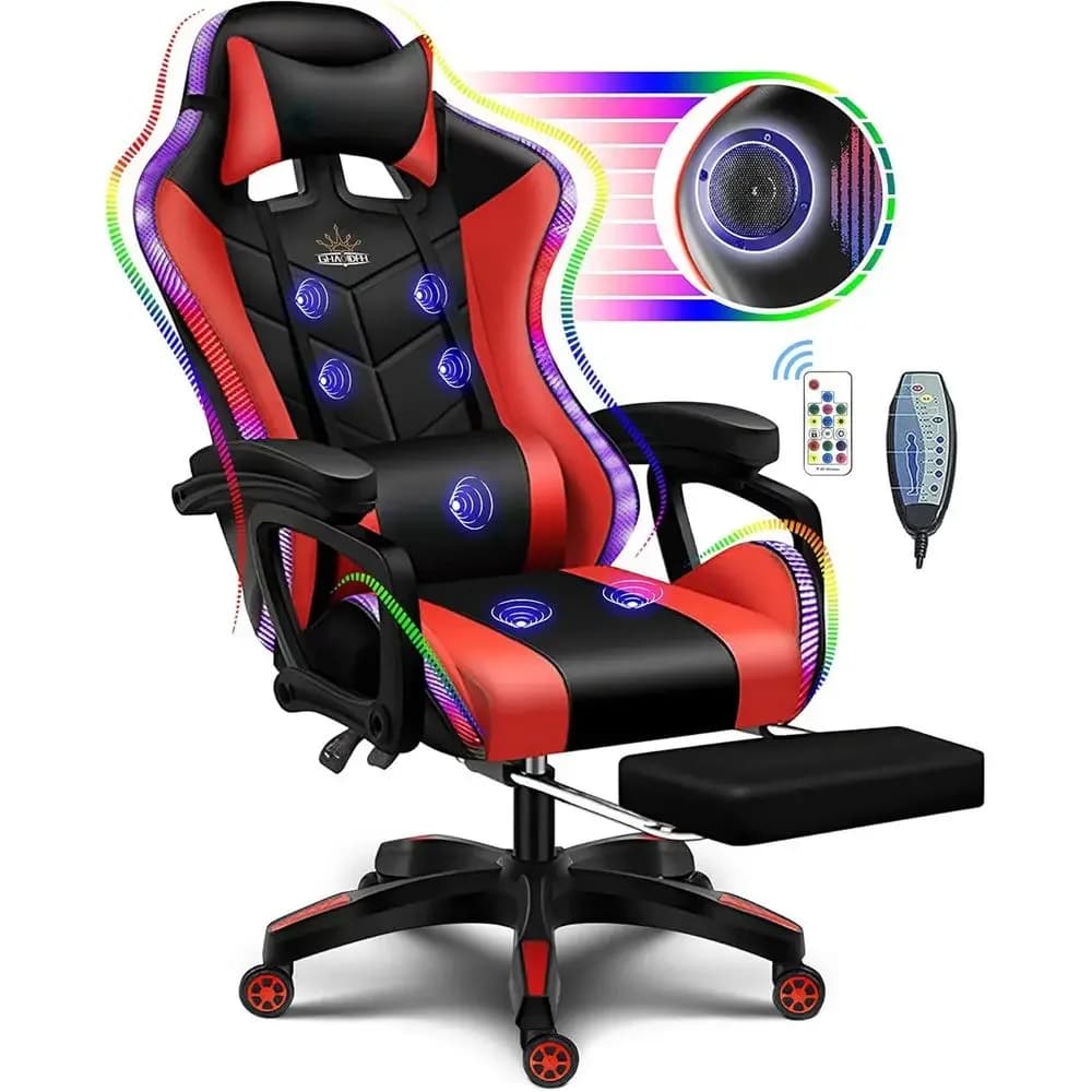 Ergonomic High-Back Gaming Chair with LED RGB Lights, Speakers, and Massage for Adults in Red