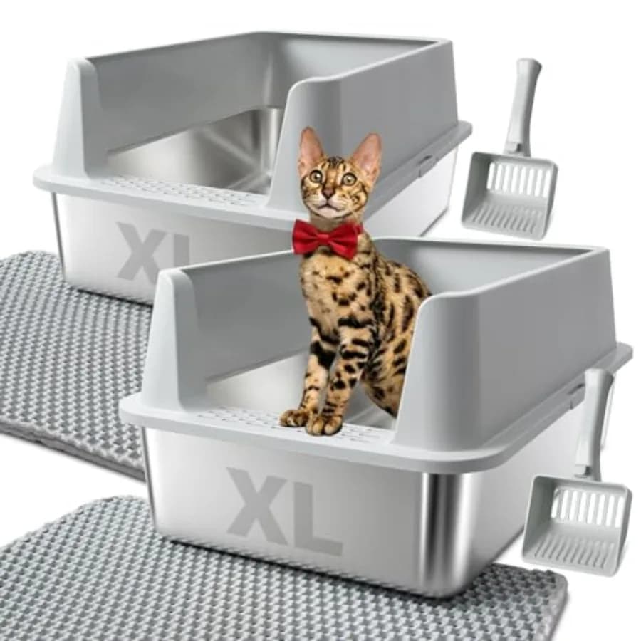 2PACK Stainless Steel Cat Litter Box with High Sides Lid, Extra Large XL Litter Box for Big Cats, Metal Kitty Litter Box, Anti-