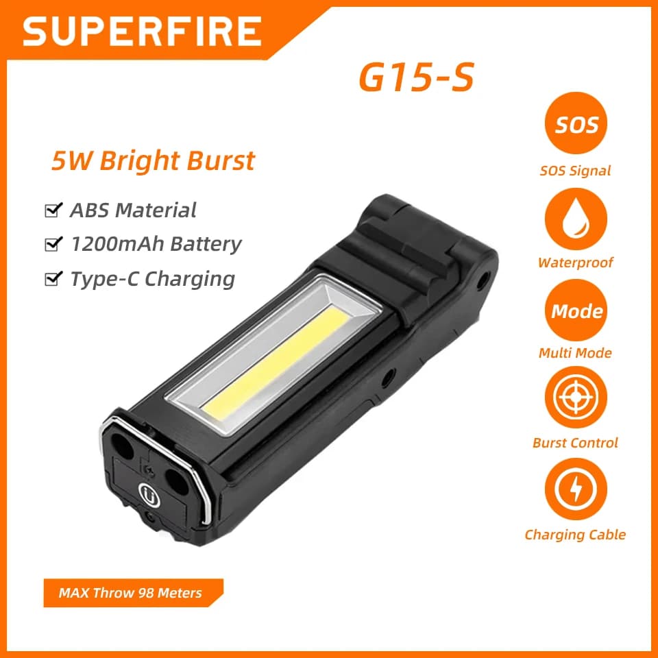 SUPERFIRE G15-S Torcia LED COB portatile Lampada da lavoro ricaricabile USB Set di lanterne magnetiche Torcia pieghevole multifunzione