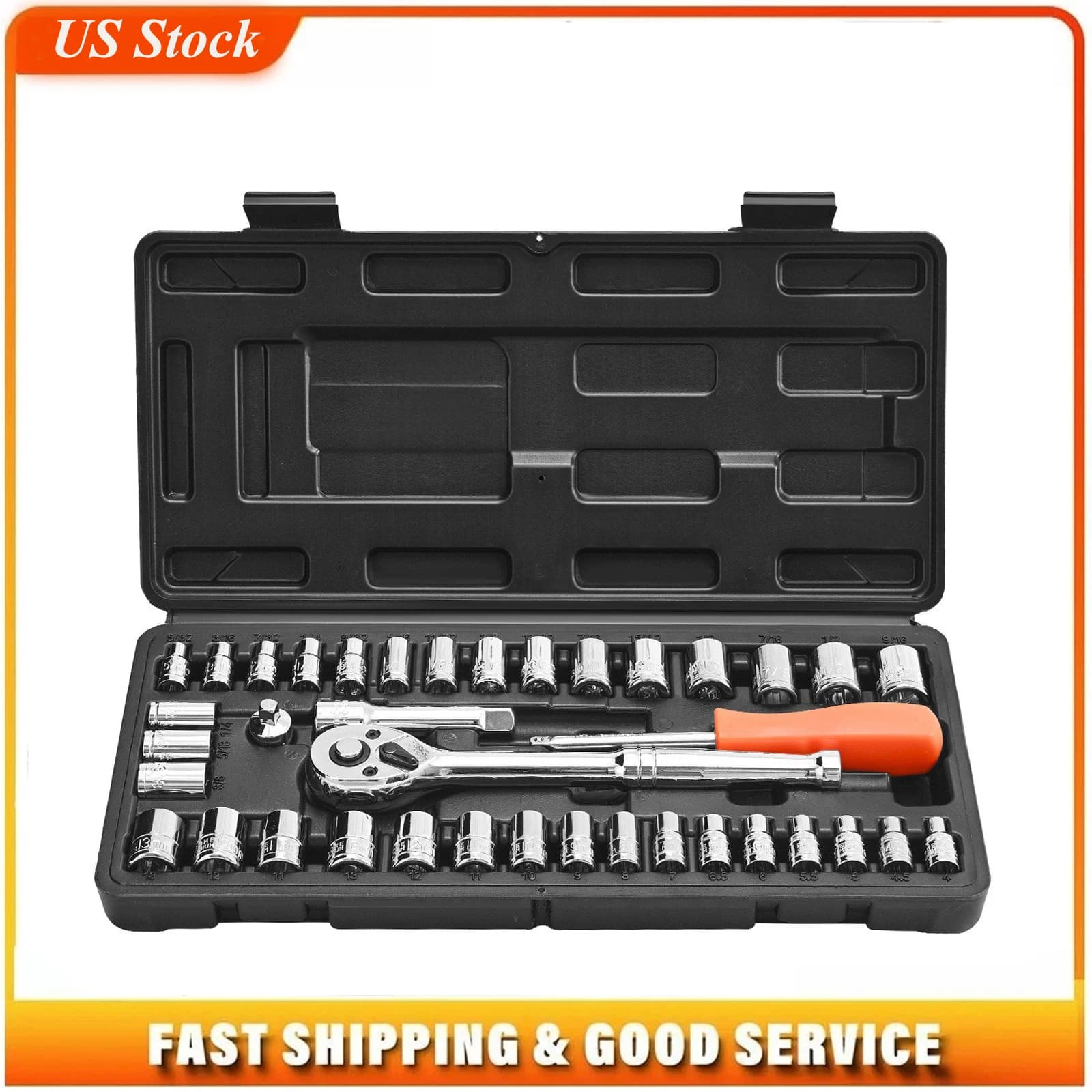 Socket Set, 39 Pieces, 3/8 & 1/4 inch Drive Socket and Ratchet Set, SAE and Metric Size, Mechanic Tool Kit with Ratchet Wrench, Accessories, Storage Case, CR-V Alloy Steel, for Automotive Repair