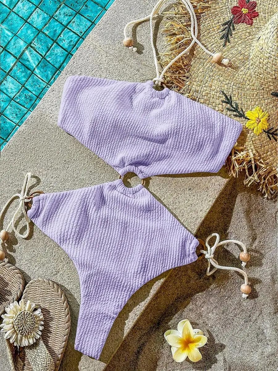 Costume da bagno intero lavanda a tinta unita con scollo all'americana e dettagli cut-out