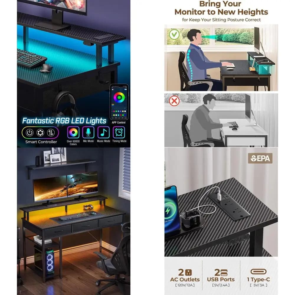 Desk 39 Carbon Black with sockets, LED light, monitor support and storage shelves for use in home office