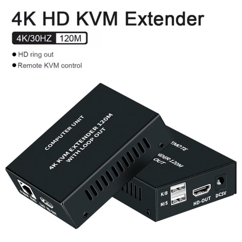 4K 120M HDMI KVM Extender 120M Over RJ45 Ethernet Cat5e/6 HDMI USB Extender Transmitter and Receiver Kit for USB Mouse Keyboard