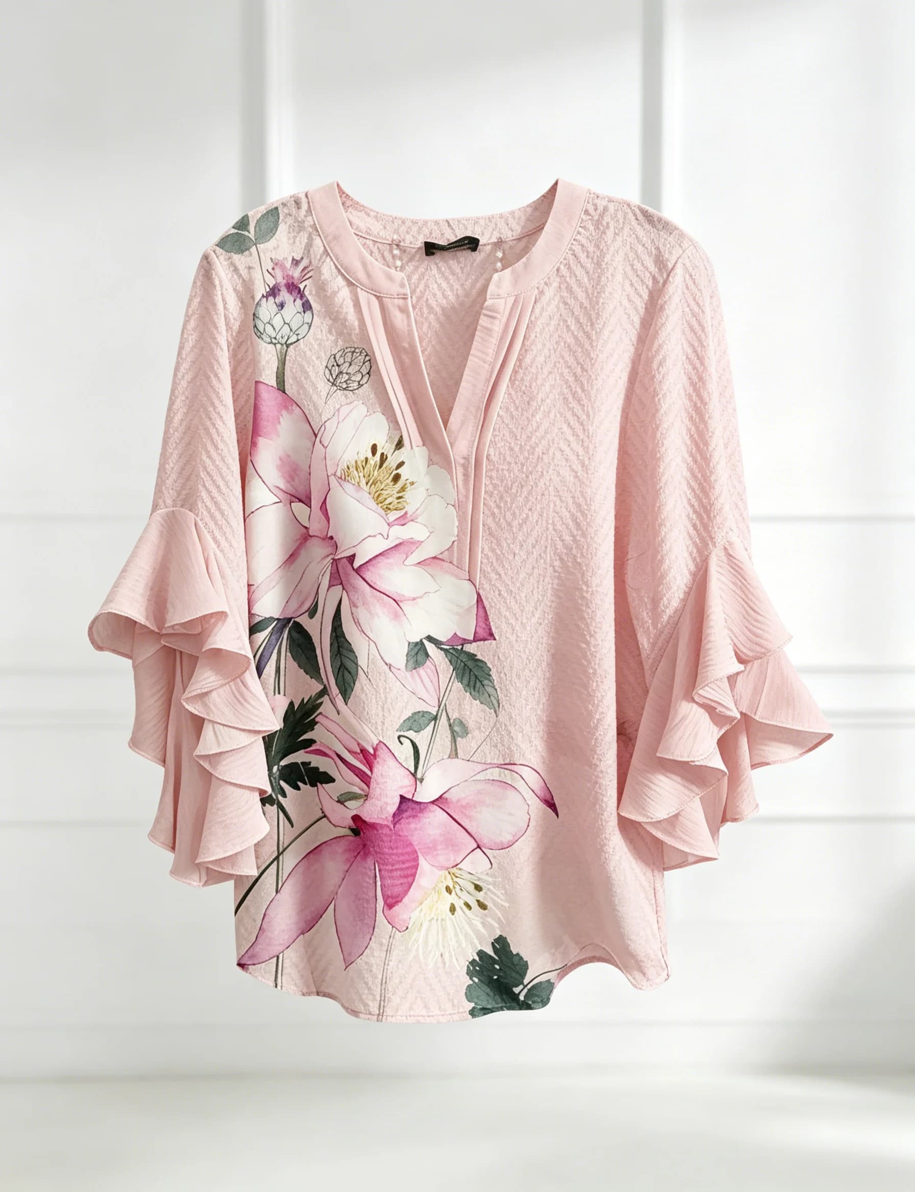 Women's Pink Floral Print Ruffle Sleeve Blouse, Casual Tops for Spring Summer Daily Streetwear & Elegant Occasions