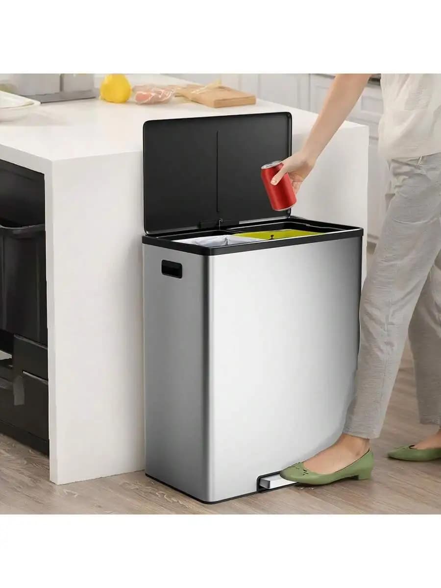 Step Dual Trash Can 60L Stainless Steel Recycle Bin With Lid And Foot Pedal For Kitchen