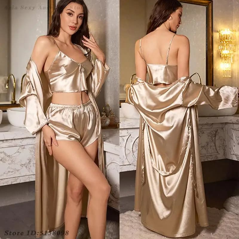 Women's pyjamas 3 pieces Night set Spring Summer New lingerie Sexy long bathrobe with strap Top and shorts Pigiama Complete in loose rayon Homewear