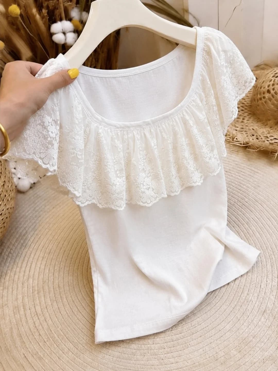 Fashionable Lace Patchwork Design Short Sleeve T-Shirt Women's Summer Stylish Versatile Anti-Aging Korean Style Straight Cut