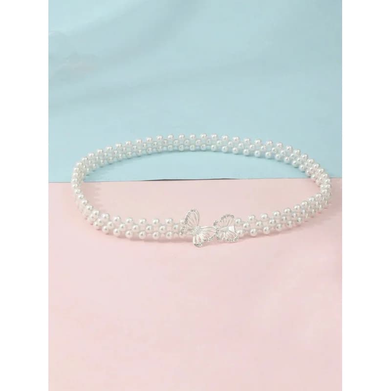 1pc Sweet Faux Pearl & Butterfly Decor Waist Belt – Fashionable Accessory for Dresses.