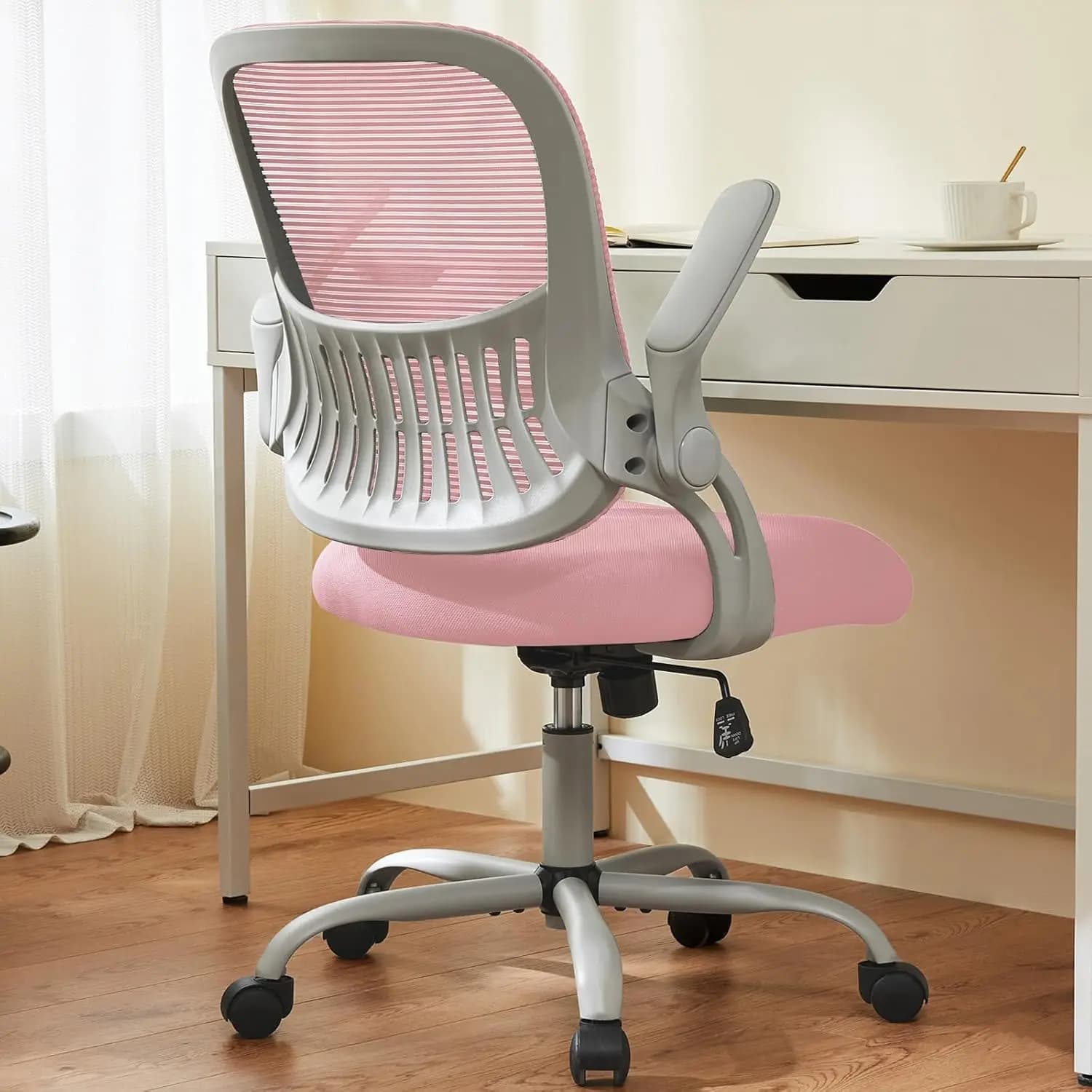 Ergonomic Mid-Back Mesh Office Chair with Lumbar Support, Flip-up Arms, Swivel Task Chair for Home, Study, Student, Pink