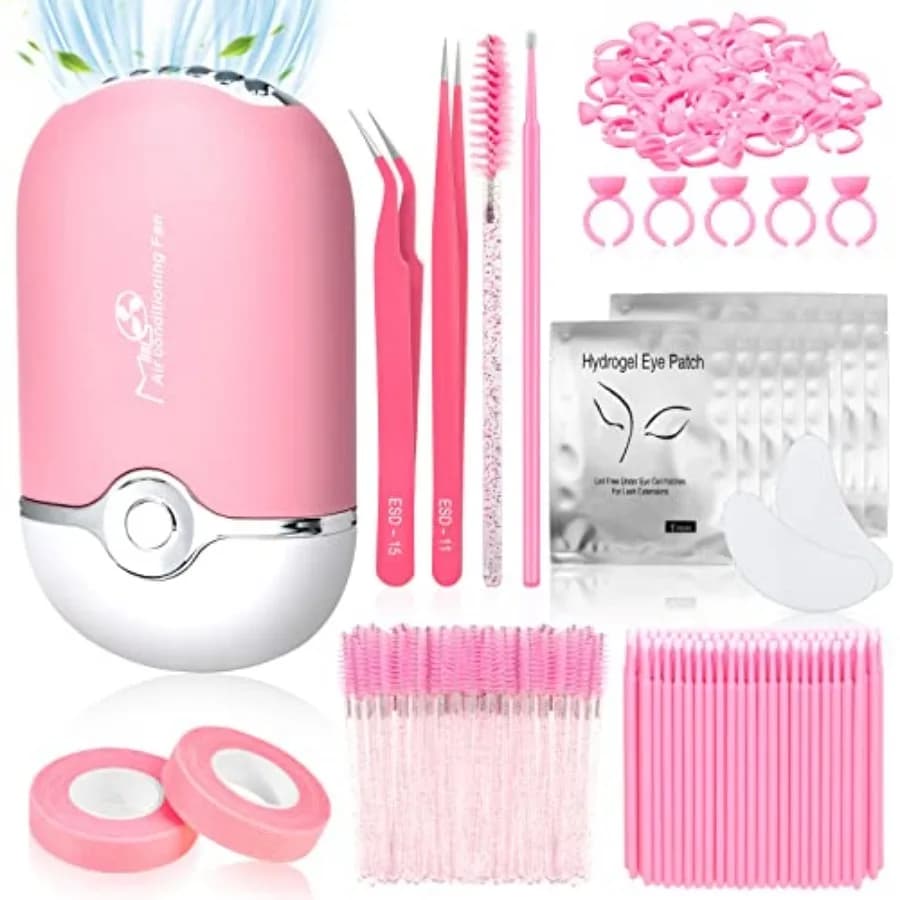 Eyelash Extension Supplies Kit for Beginners with USB Air Conditioning Blower 2 Lash Tweezers, 100 Mascara Brushes, 50 Micro Ap
