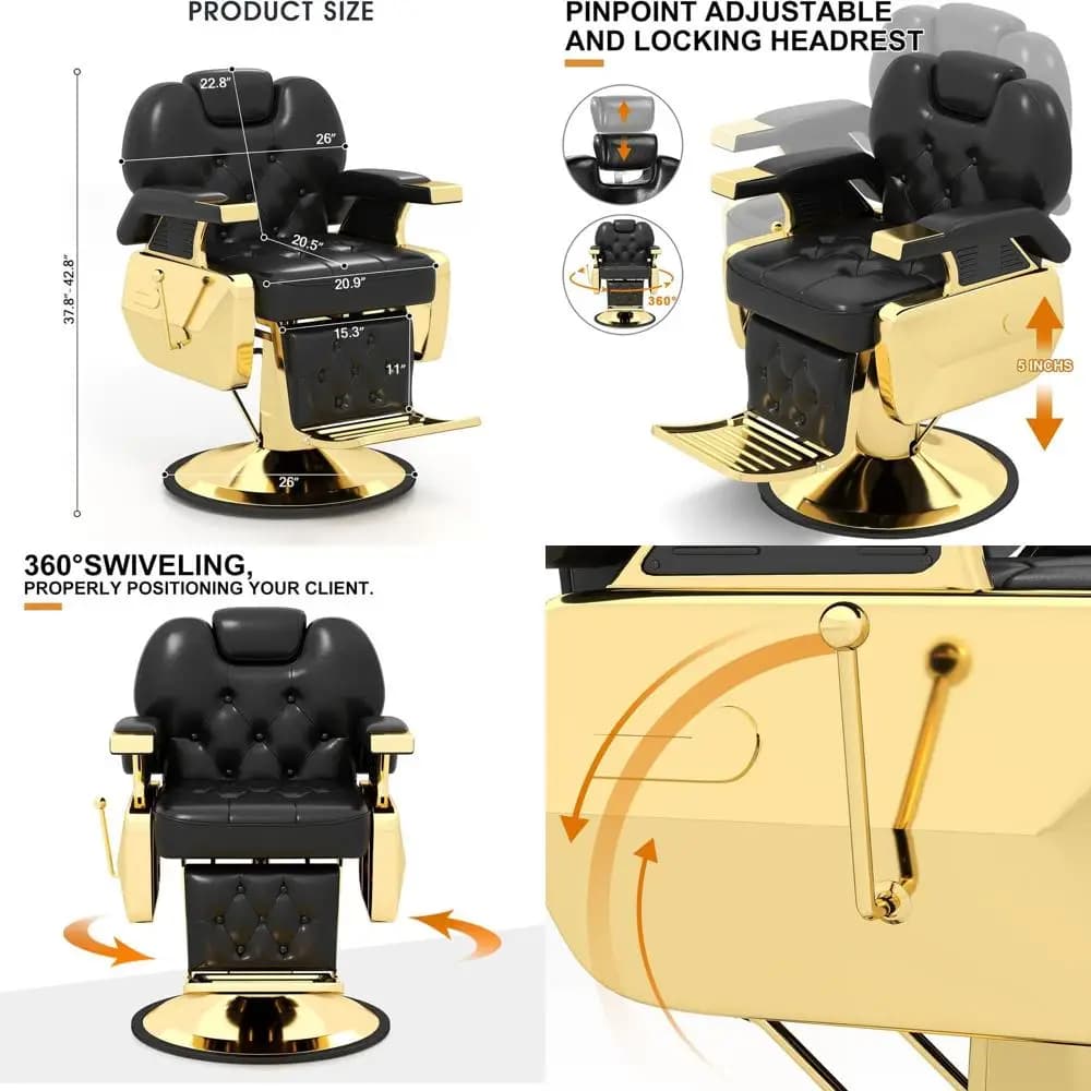 Poltrona da barbiere idraulica stile vintage con poggiatesta e poggiapiedi regolabili, design resistente oro/nero per parrucchieri e spa
