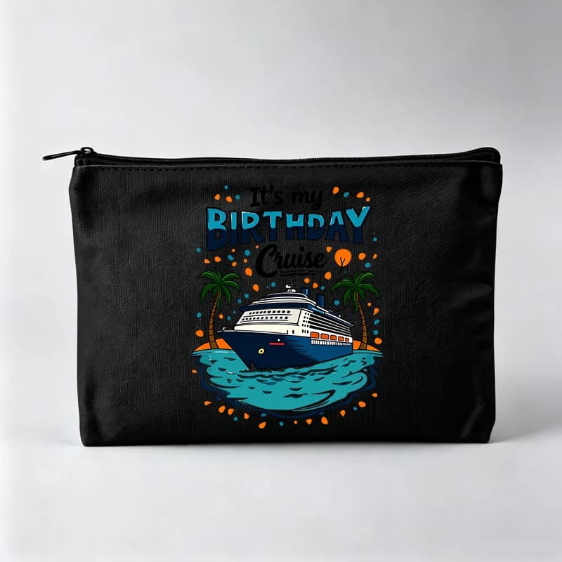 Women's Cruise Ship and Palm Tree Print Makeup Bag with Typography, Casual Cosmetic Pouch for Travel