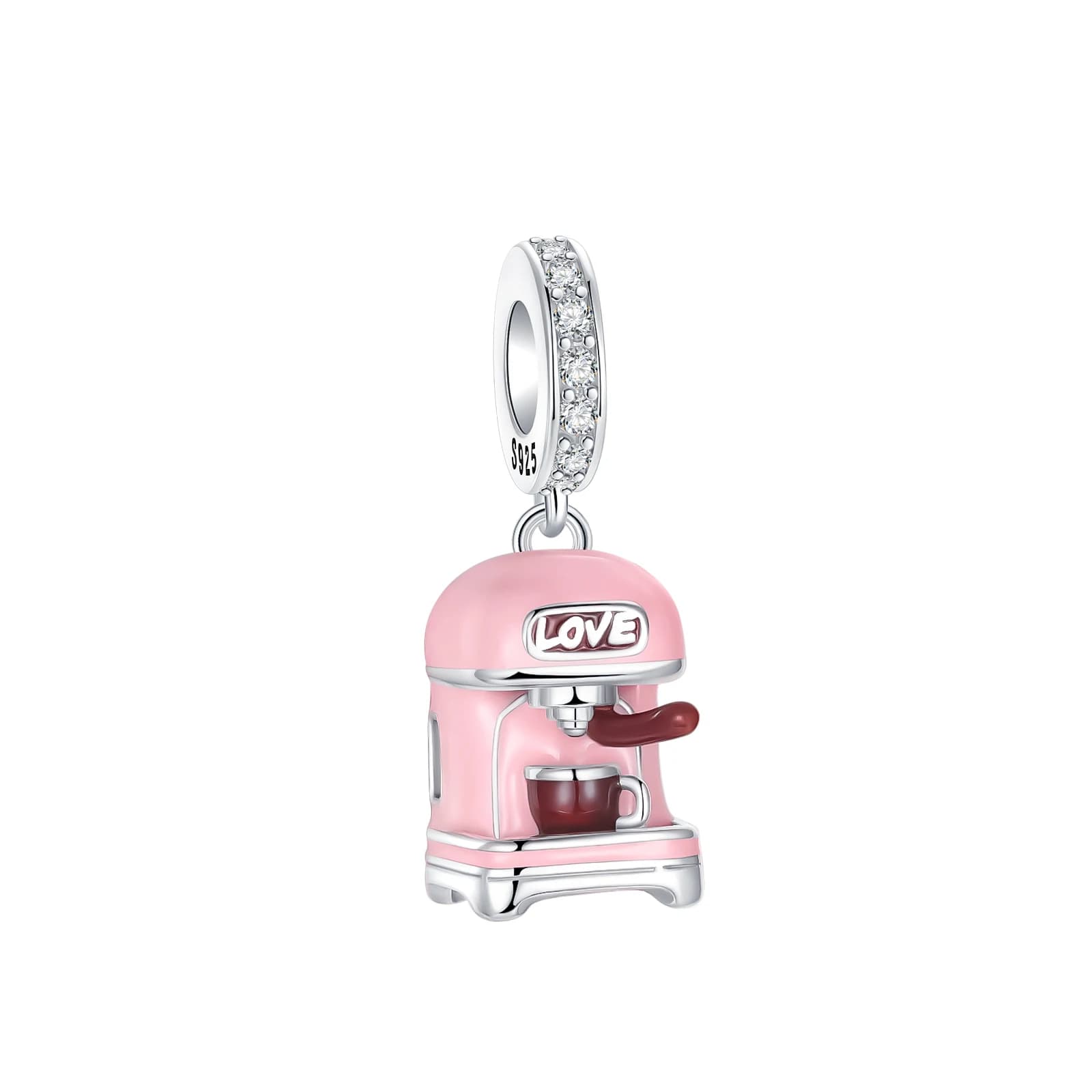 925 Sterling Silver Pink Coffee Machine Dangle Charm Espresso Maker Pendant Clear Cubic Zirconia Fit DIY Bracelets Jewelry Gift