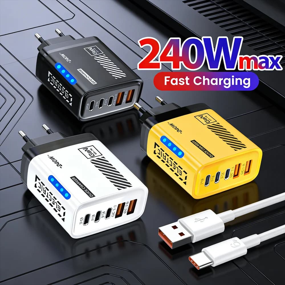 240W 5 Ports USB C Fast Charger US/EU/UK Wall Adapter USB Type C Quick Charge3.0 Charger with 6A Cable For iPhone Samsung Xiaomi