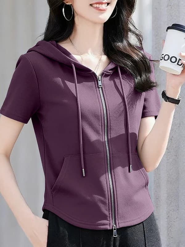 Women's Cotton Short Sleeve T-Shirt Summer Wear plus Size Conceals Belly Loose Fit Hooded Cardigan Zipper Casual Top