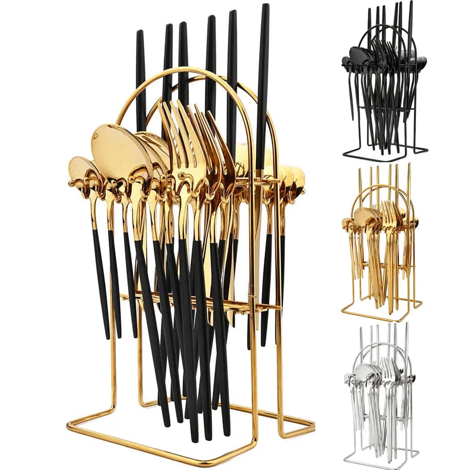 JANKNG 24Pcs Set di posate Set di posate in acciaio inossidabile stoviglie da cucina coltello forchetta cucchiaio posate argento nero oro per 6