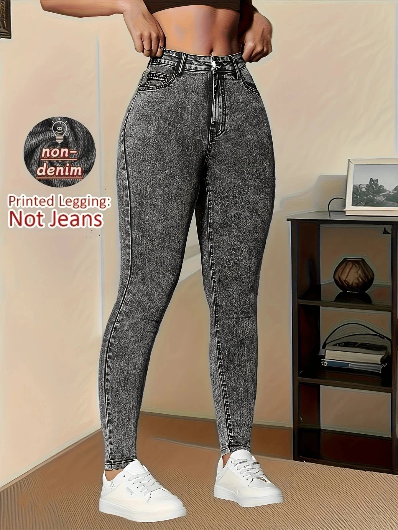 Leggings stampati in finto denim da donna, pantaloni elasticizzati sottili e traspiranti, pantaloni lunghi sportivi casual per yoga per tutte le stagioni, non in denim