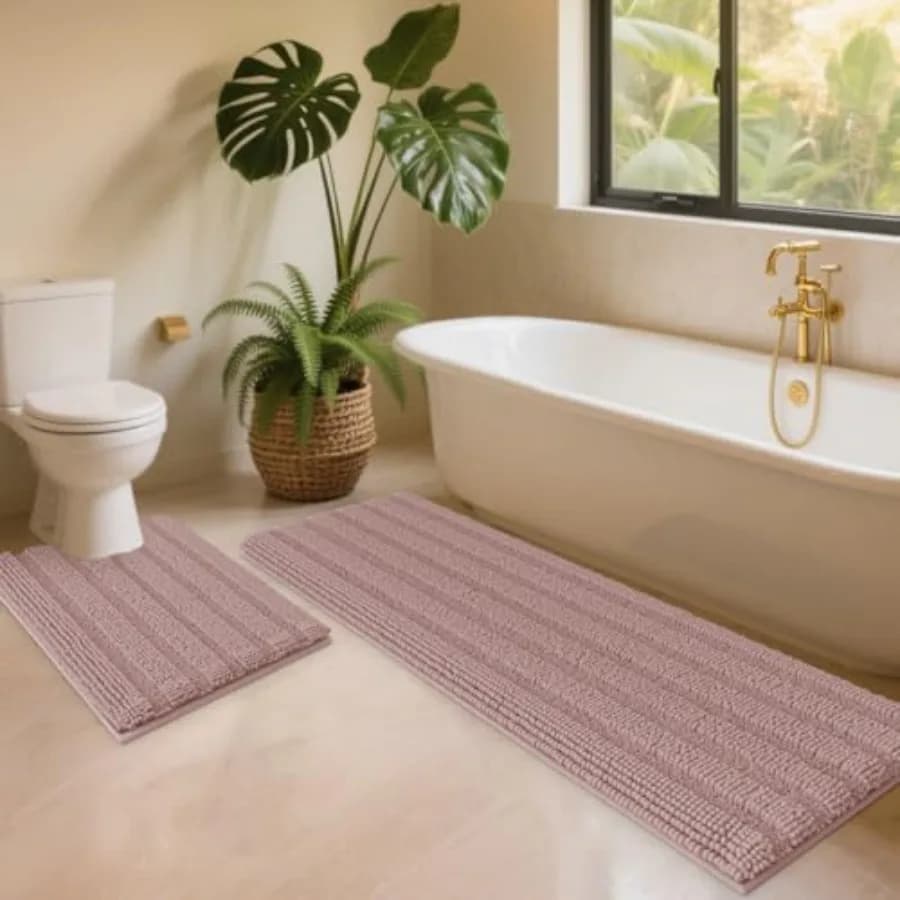 Set di 2 tappetini da bagno a righe rosa antico, ultra morbidi, antiscivolo, in ciniglia, assorbenti, soffici e pelosi.