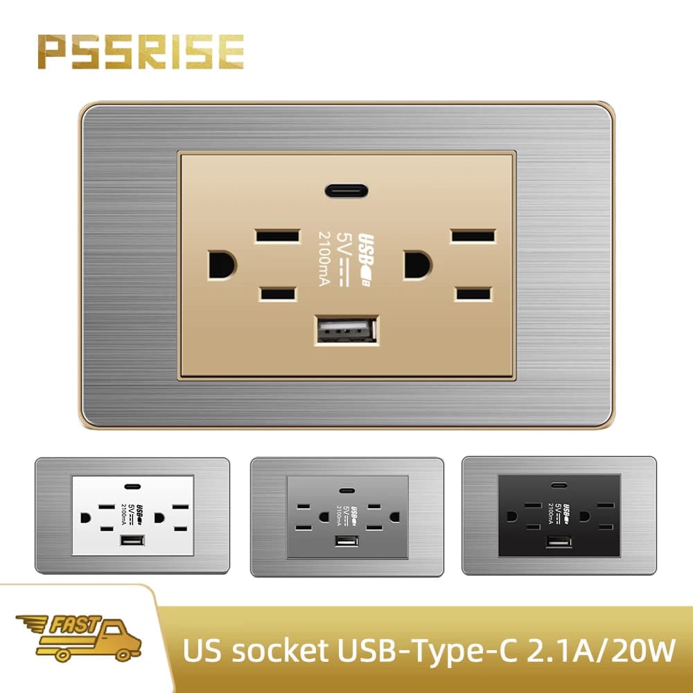 PSSRISE US Standard Power Outlet, AC 110V~250V, 118*74mm Stainless steel Panel, America Electric plug 15A Wall Socket 2.1A USB