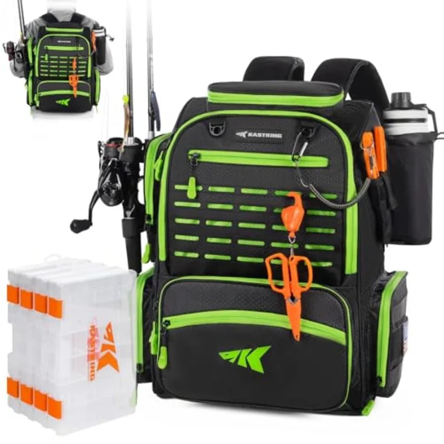 Fishing Backpack with Candle Holder, 4 Equipment Door Boxes, Rain Cover, Large Storage Space 45-43L for Fishing Equipment