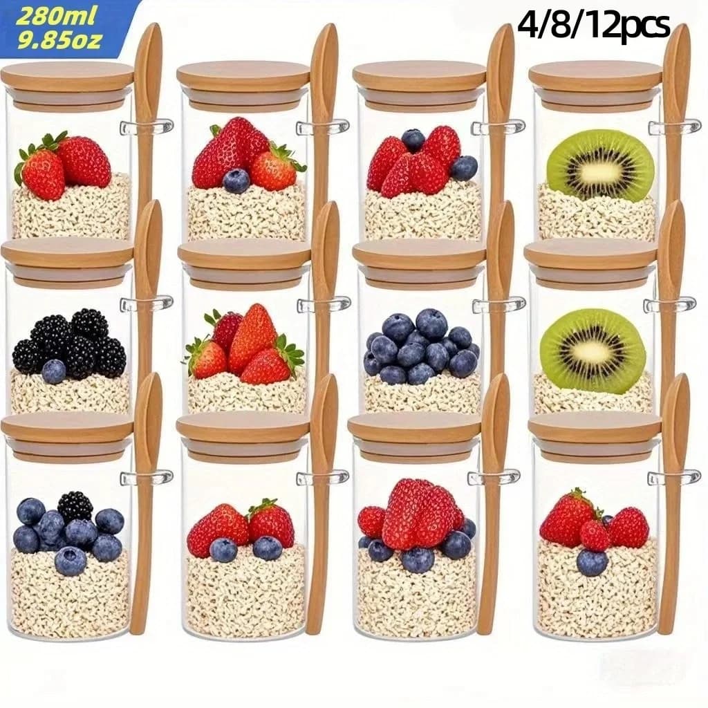 4/8/12Pcs, Oatmeal Breakfast Cups with Lids (9.85Oz/280Ml), Meal Prep Containers, Glass Jars Suitable for Chia Seeds, Pudding, and Yogurt