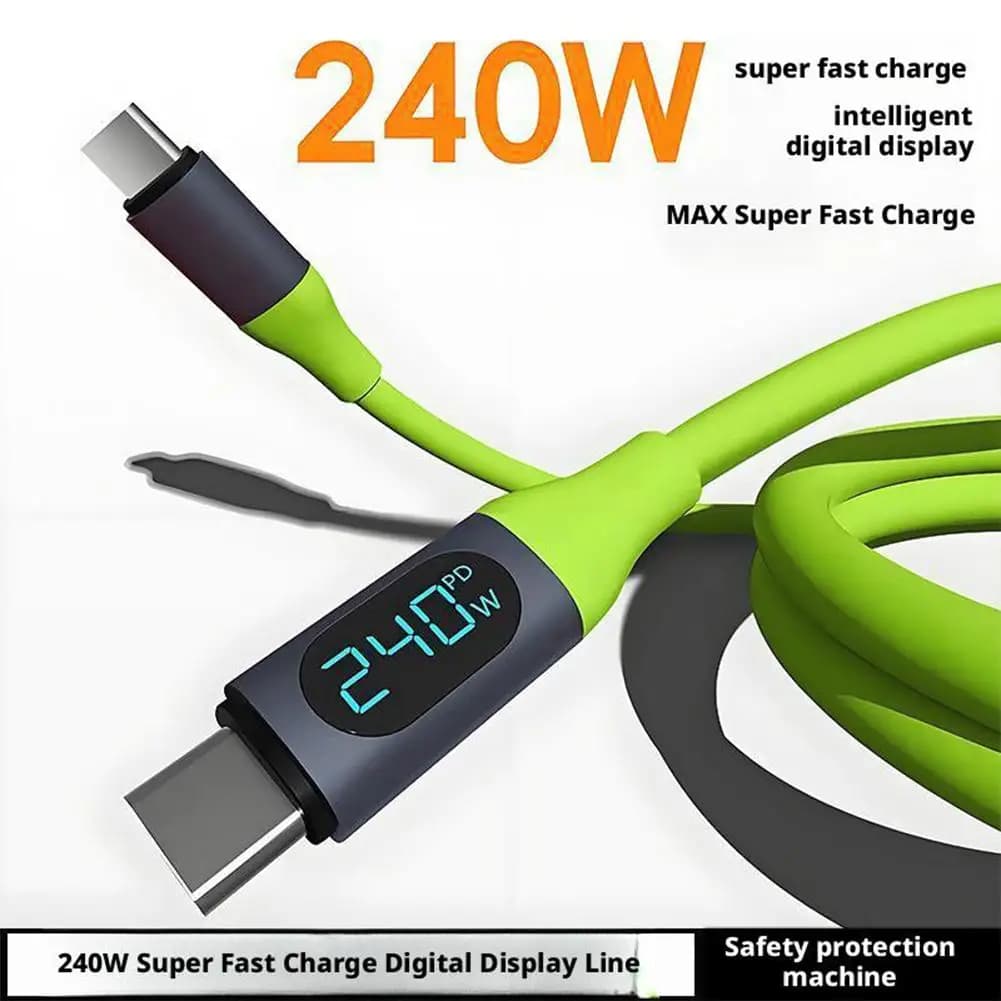 240W Type-C USB Type-C cable with digital LED display for super fast charging, liquid silicone with real-time power display for Huawei