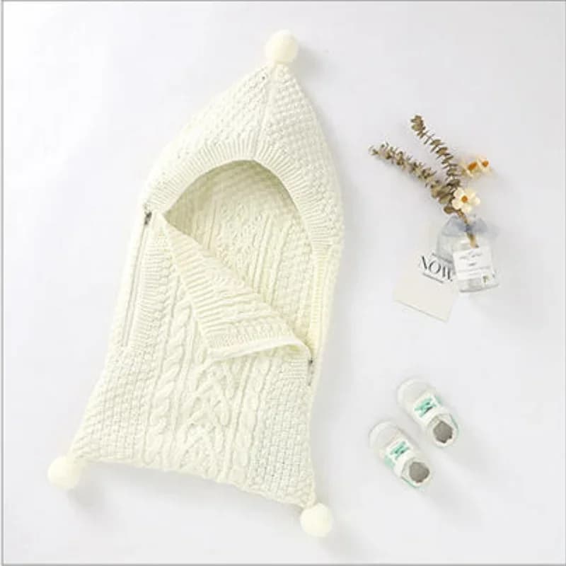 0-1Y Baby Winter Cable Knit Swaddle Blanket Zipper Closure Warm Soft Hooded Infant Wrap Blanket with Newborn Items