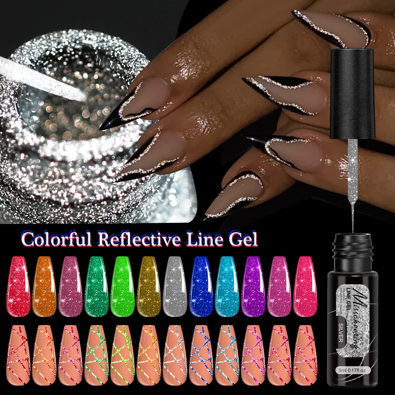 Nail Polish Glittered Reflective Gel Silver Spider Line UV Gel Pull Line Graffiti Painting Stripe French Nails DIY