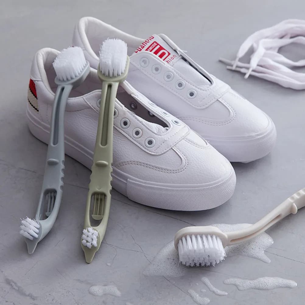 Set di 3 Spazzole Antiscivolo con Manico Curvo per Scarpe, Spazzola Multifunzionale per Pulizia e Bucato a Doppia Testa, Grigio Verde Beige per Casa e Cucina