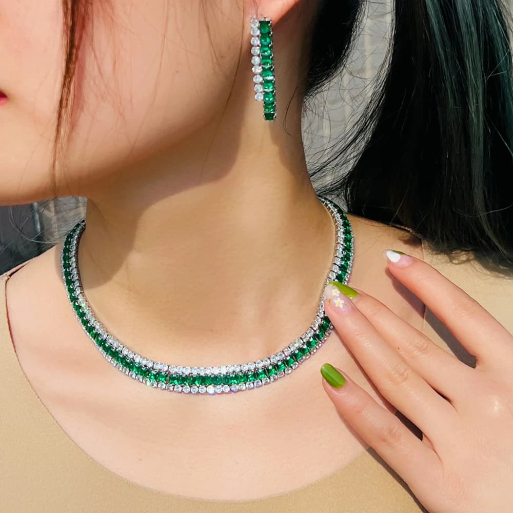 BeaQueen Elegant Shiny Green CZ Crystal Bridal Chunky Necklace Earrings 2pcs Set for Women Wedding Engagement Jewelry Gift JS390