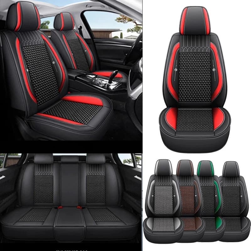 Premium 5 Posti 360 ° Coprisedili Auto Lusso Completi Traspiranti in Seta Ghiaccio e Pelle PU Design Ibrido Universali per Tutte le Stagioni