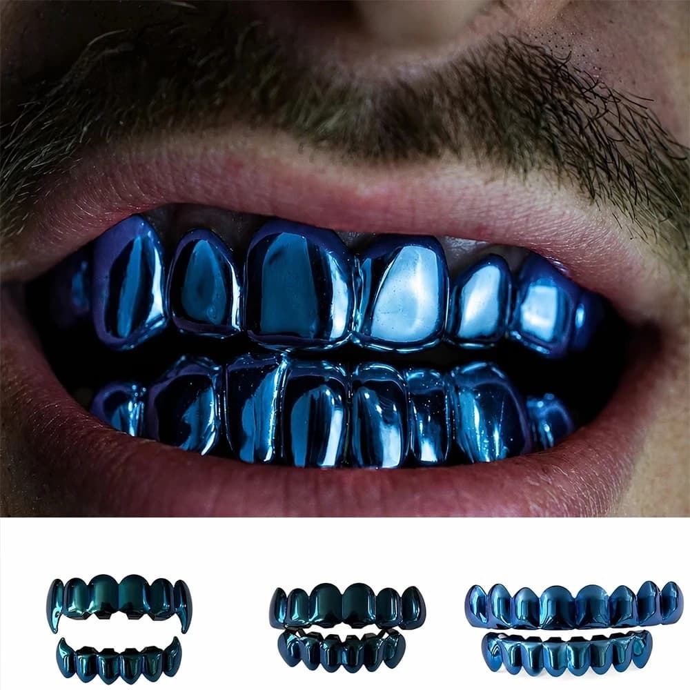 Drak Blue Color Hip Hop Grillz Set 6-8 Teeth Smooth Surface Top & Bottom Teeth Rapper Punk Style Jewelry for Men And Women
