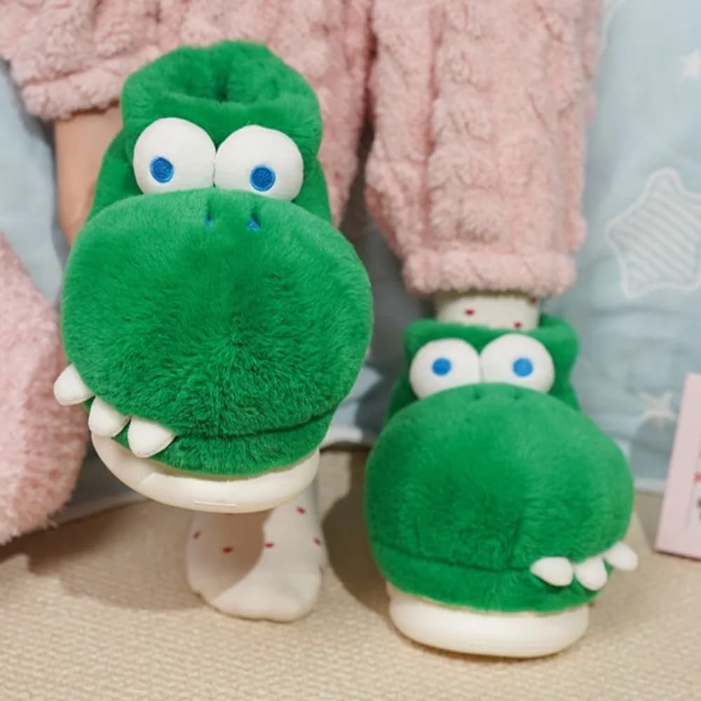 Morbide pantofole in peluche di dinosauro coccodrillo Pantofole piatte con piattaforma verde cartone animato Homewear Pantofole calde addensate invernali invernali