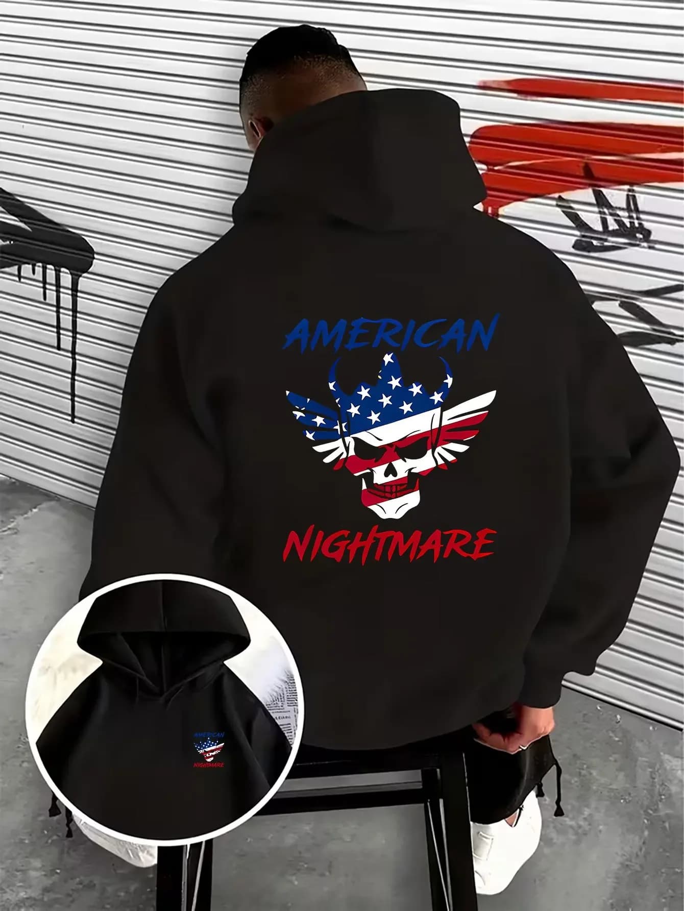 Unisex Hoodie Double Sides Skull American Flag Graphic Sweatshirt Vintage Biker Workwear Hooded Top
