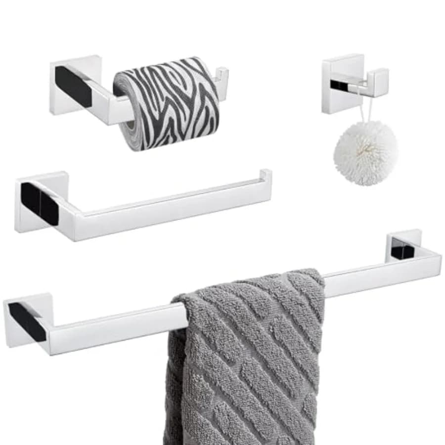Set di Accessori per Bagno in Acciaio Inox SUS304, 4 Pezzi, Kit di Accessori per Bagno con Gancio per Accappatoio e Porta Carta Igienica