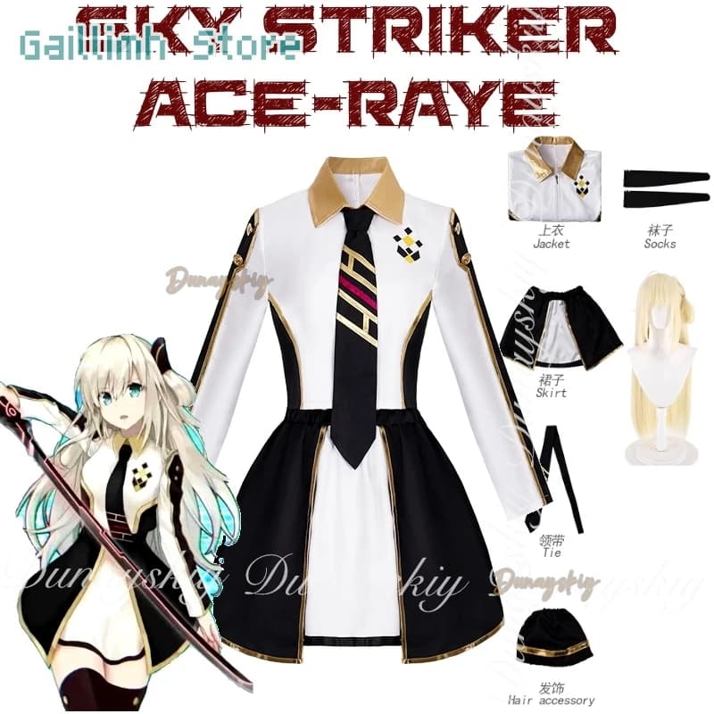 Gioco di carte ufficiale Sky Striker Ace-Raye Cosplay con oggetti di scena a coltello lungo La parrucca in platino Abito bianco nero Cosplay ssiTutti i set