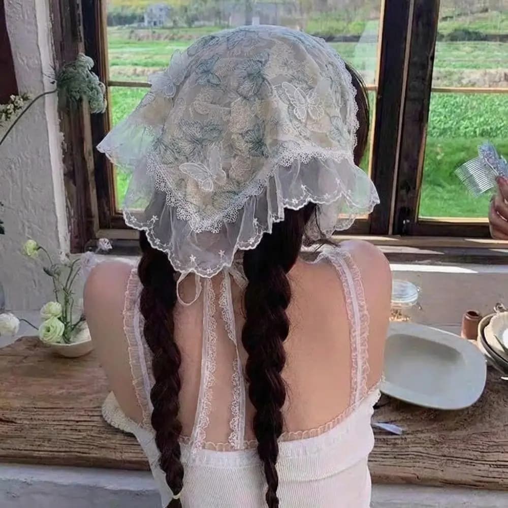 Fascia per capelli triangolare in seersucker, dolce, fatta a mano, per vacanze al mare, stile pastorale francese, con farfalle e pizzo, per ragazza