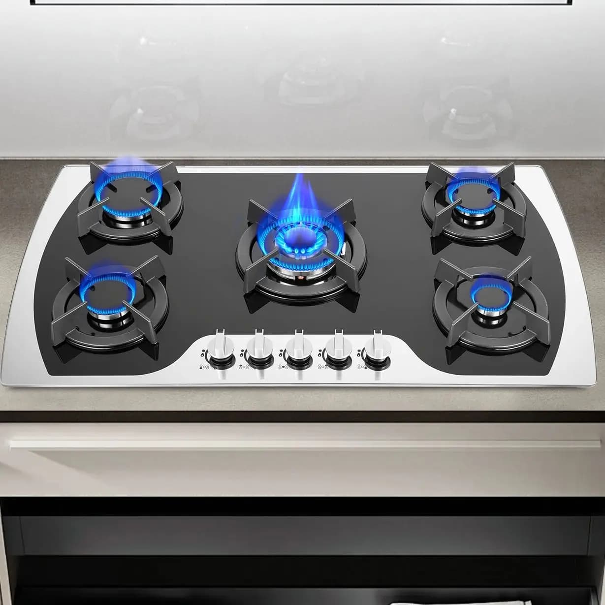 Piano Cottura a Gas con 5 Bruciatori in Vetro Temperato 180 ° Piano Cottura a Gas Integrato con Accensione Elettronica a Impulsi per il Controllo del Fuoco in Cucina