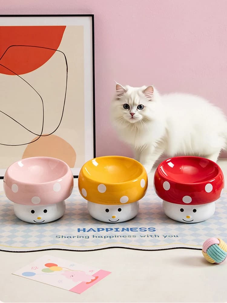 Ciotola per Cani a Forma di Fungo, Grande, con Bordo Inclinato, Vassoio per Cibo per Animali Domestici, Design a Pois con Faccina Sorridente Cartoonesca