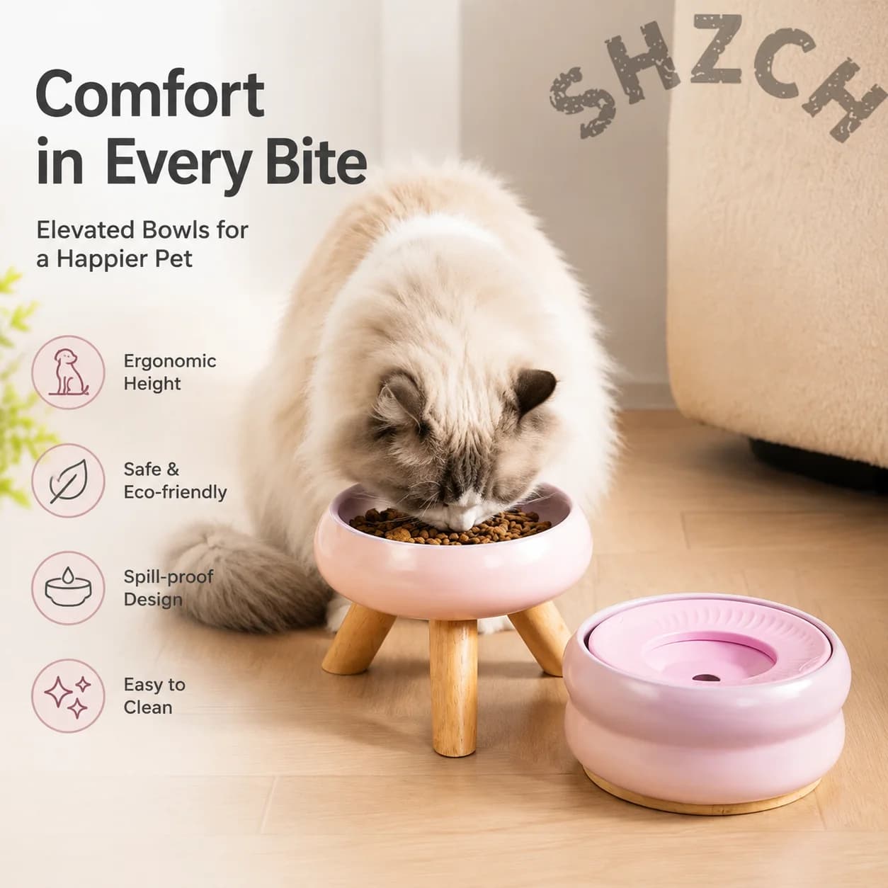 Double Color Inner Outer Rim Pet Bowl with Wooden Base Non Spill Floating Water Bowl Anti Tip Cat Dog Food Water Bowl
