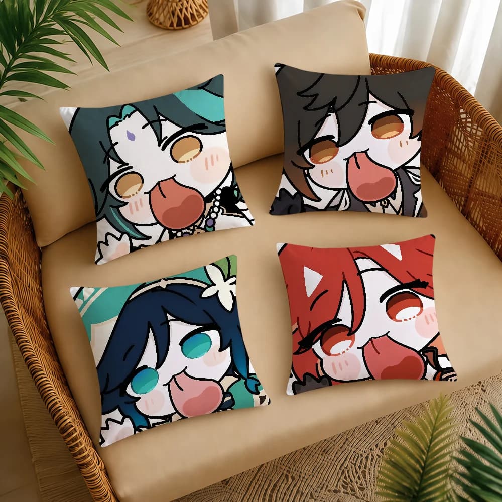 Genshin Impact Face Cute Q-version Game Cushion Cover Square Decorative Throw Pillow Case Sofa Bed Living Room Anniversary Gifts
