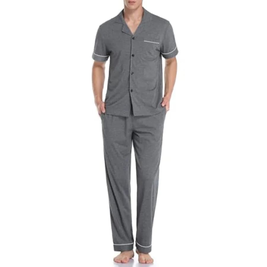 Men's 100% Cotton Pajamas Set Button Down Sleepwear Short Sleeve and Long Pants Pjs