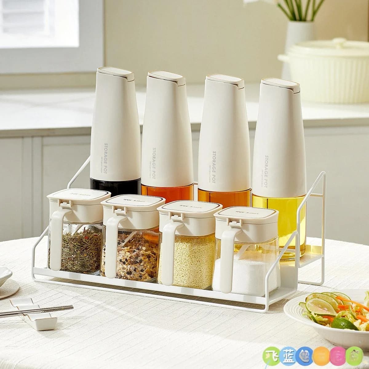 Set di scaffali da cucina in vetro e metallo, porta spezie da appoggio, organizer per accessori da campeggio e viaggio